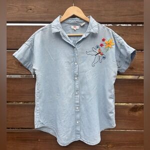 Levi's Women's Light Denim Short Sleeve Crafty Hand Embroidered Butterfly Flower